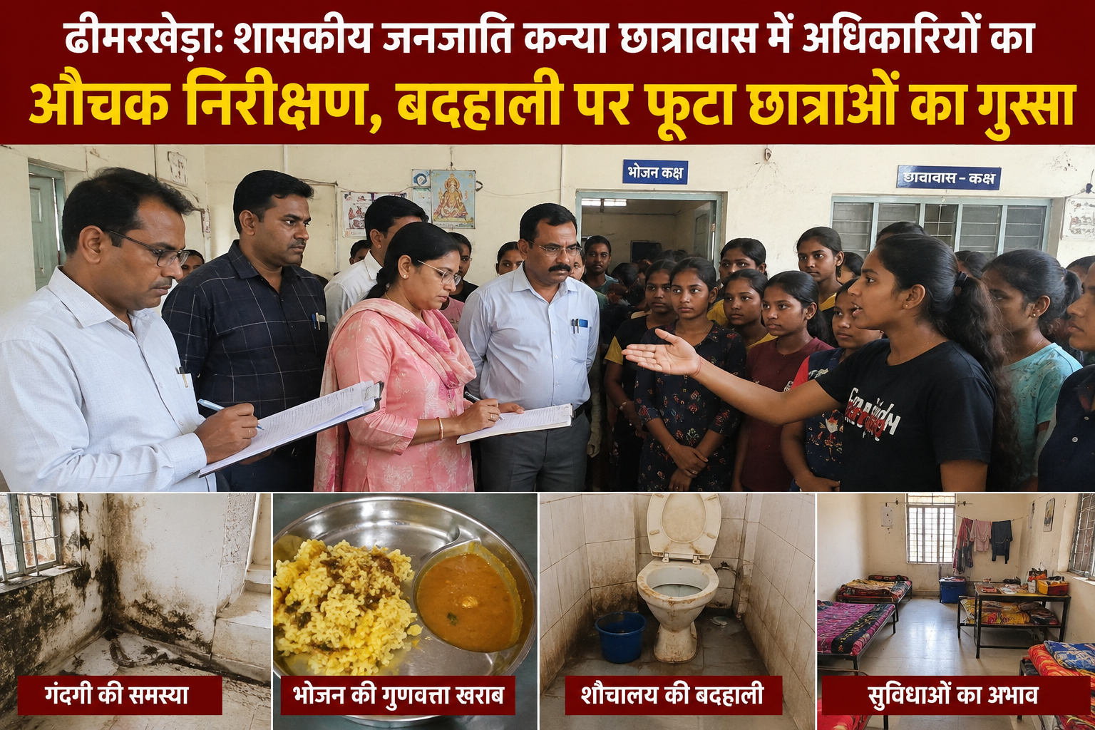 ढीमरखेड़ा: शासकीय जनजाति कन्या छात्रावास में अधिकारियों का औचक निरीक्षण, बदहाली पर फूटा छात्राओं का गुस्सा