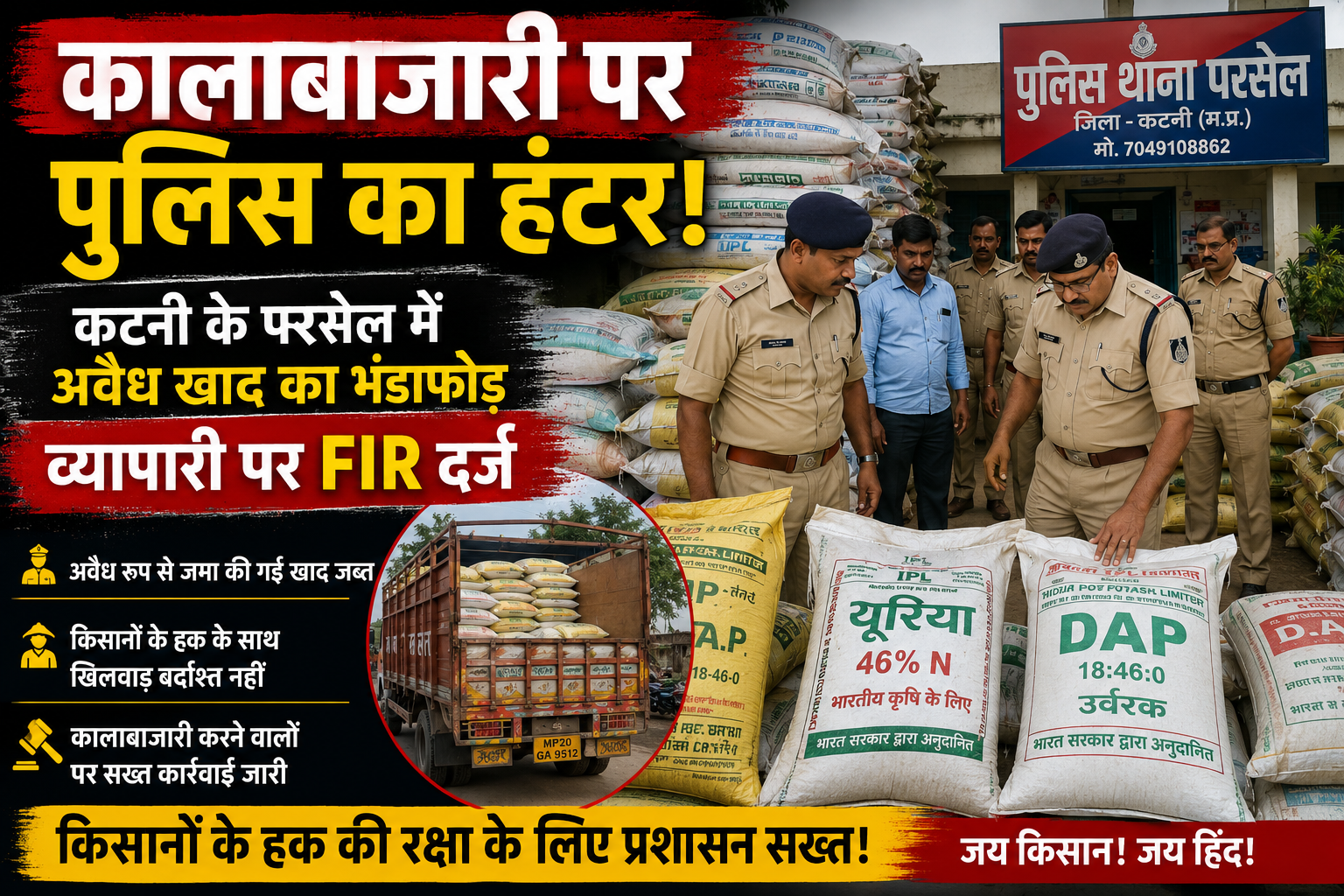 कालाबाजारी पर पुलिस का हंटर: कटनी के परसेल में अवैध खाद का भंडाफोड़, व्यापारी पर FIR दर्ज